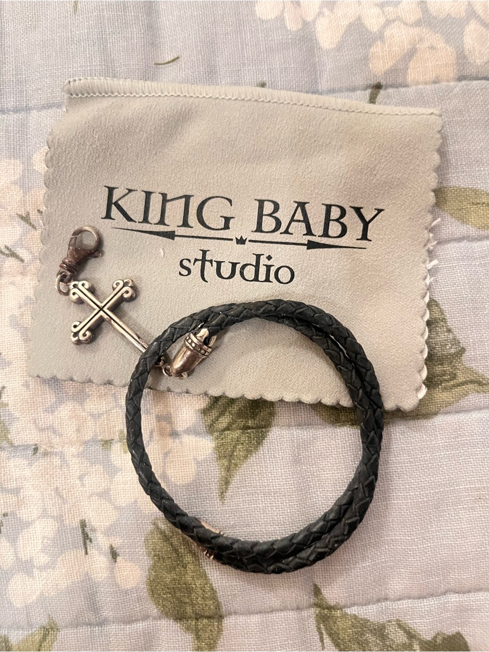 King Baby Studio Black Braided Leather Cross Bracelet 8.2 inches! Gorgeous!